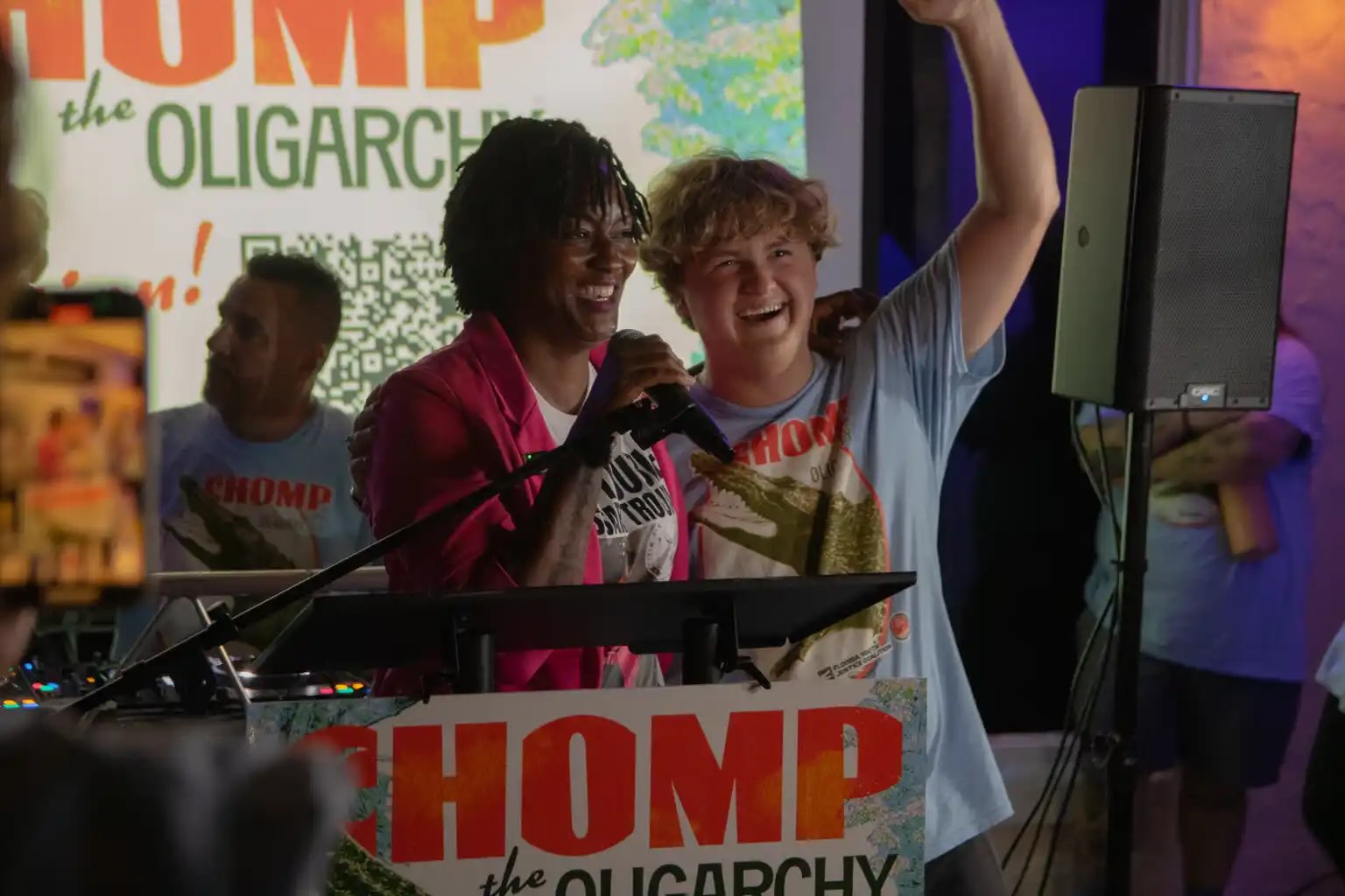 Angie Nixon celebrating her Florida U.S. Senate Democratic primary victory at the Chomp the Oligarchy event